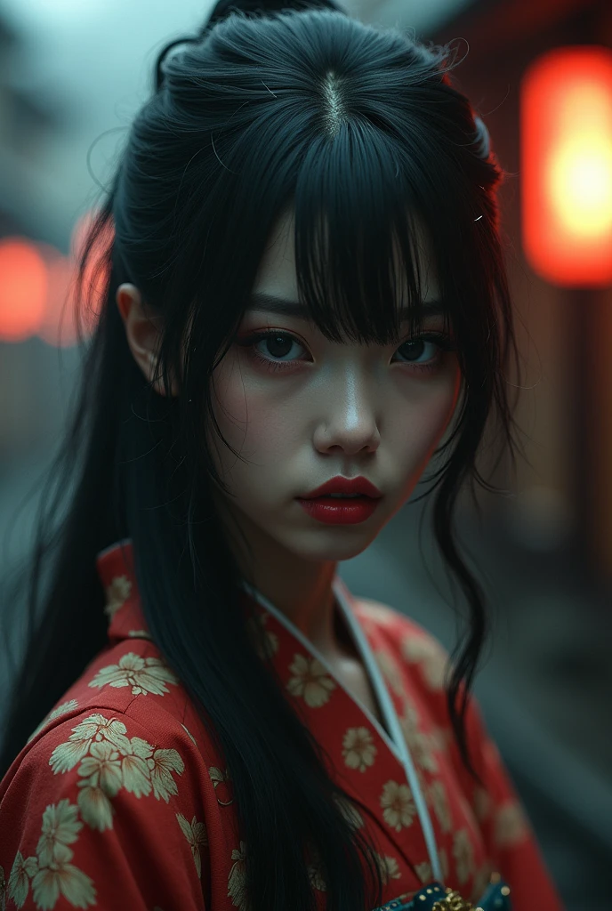 A slit-mouthed woman, extremely detailed, beautiful detailed eyes, beautiful detailed lips, extremely detailed face, long eyelashes, beautiful kimono, mysterious expression, Edo period, Japanese urban legend, photorealistic, 8K, masterpiece, ultra-detailed, (best quality:1.2), (realistic:1.37), (photo-realistic:1.37), cinematic lighting, moody lighting, dramatic shadows, muted color palette, traditional Japanese art style, highly detailed, hyper-realistic, film grain, cinematic composition