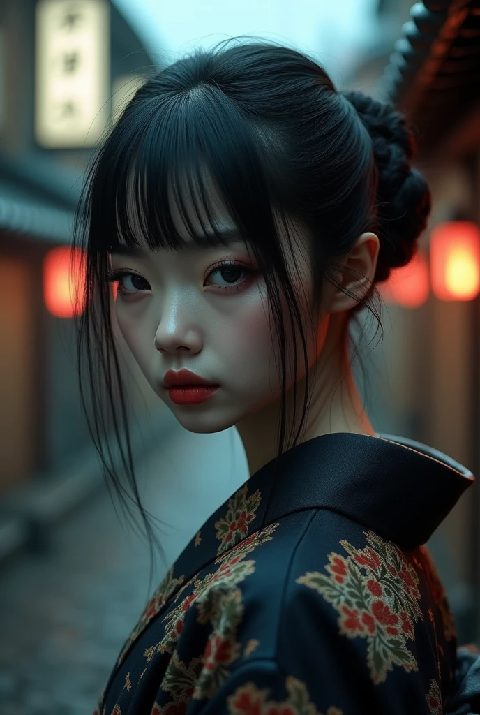 A slit-mouthed woman, extremely detailed, beautiful detailed eyes, beautiful detailed lips, extremely detailed face, long eyelashes, beautiful kimono, mysterious expression, Edo period, Japanese urban legend, photorealistic, 8K, masterpiece, ultra-detailed, (best quality:1.2), (realistic:1.37), (photo-realistic:1.37), cinematic lighting, moody lighting, dramatic shadows, muted color palette, traditional Japanese art style, highly detailed, hyper-realistic, film grain, cinematic composition