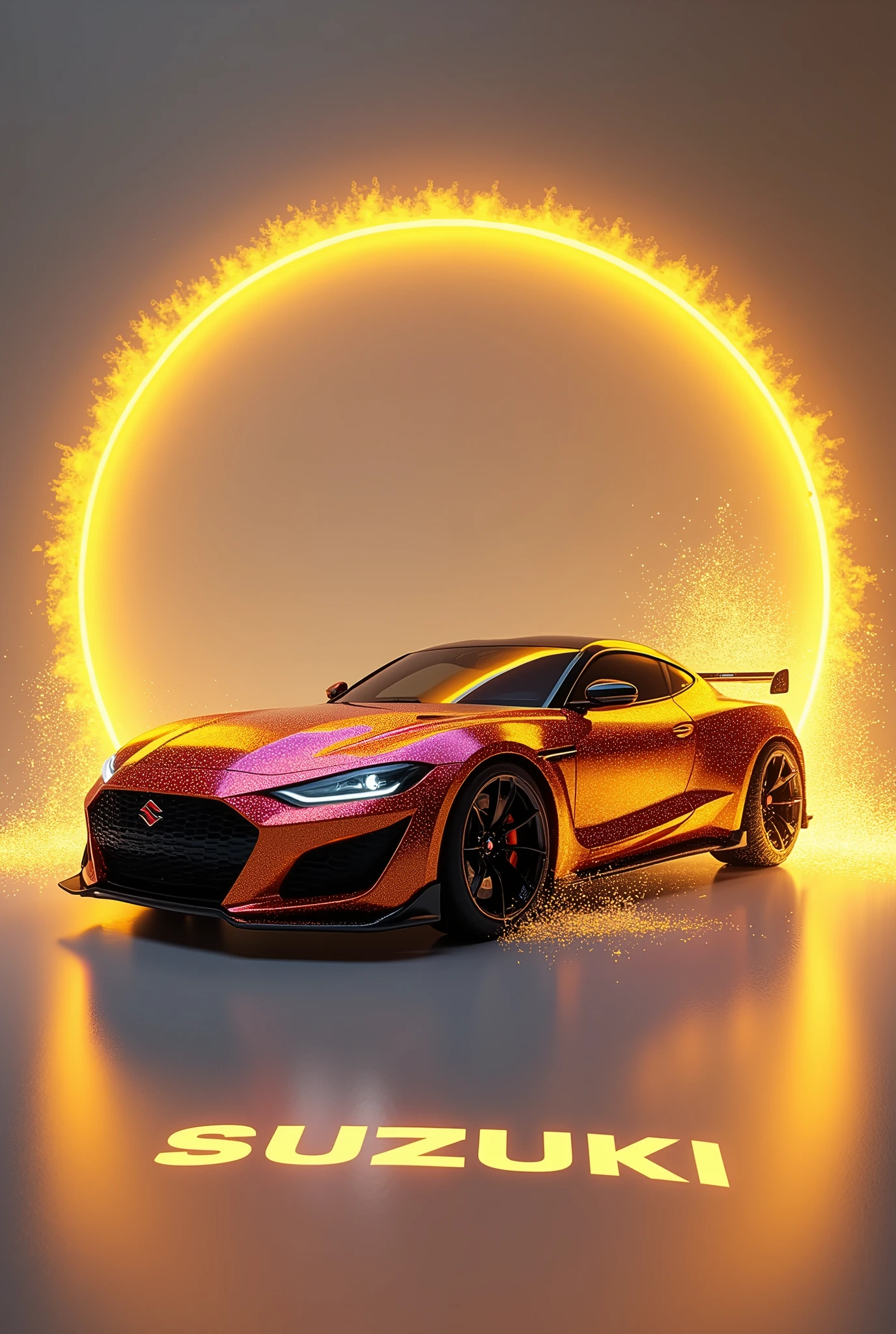 Sports car with realistic glitter paint coming out of a stylish gold circular frame, with golden lights around, and the title “Suzuki” at the bottom
