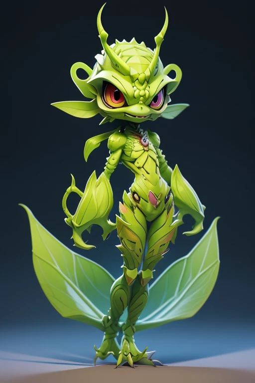 Create a picture of a little grasshopper monster., The image should be sharp and detailed, with beautiful colors. Exotic patterns. With arms, leg, eyes, mouth, พื้นหลังสีlegว