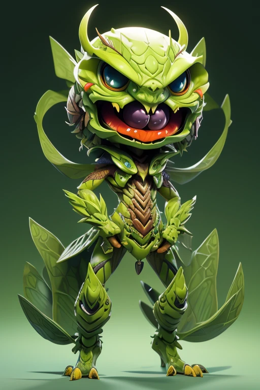 Create a picture of a little grasshopper monster., The image should be sharp and detailed, with beautiful colors. Exotic patterns. With arms, leg, eyes, mouth, พื้นหลังสีlegว