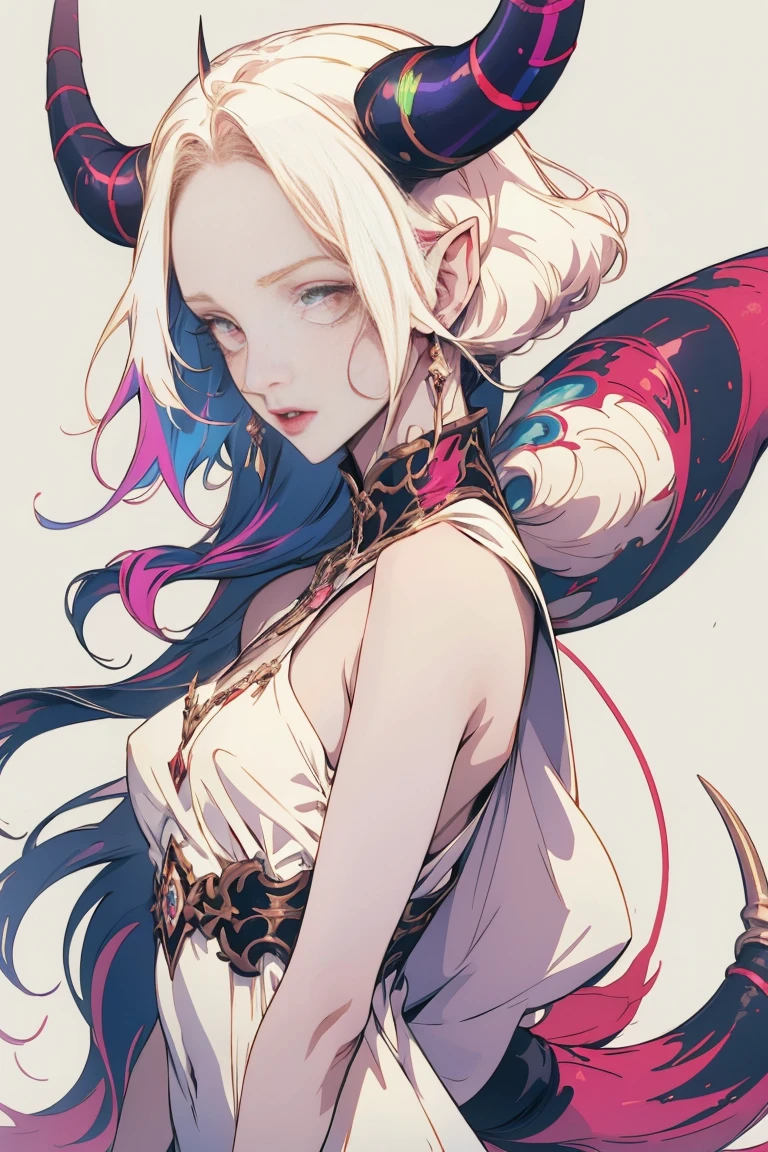 Designed by nty, A woman is, (Albino demon girl standing, long and complex horns:1.2, multicolored clothing), Complicated details, coloured background, Abstract