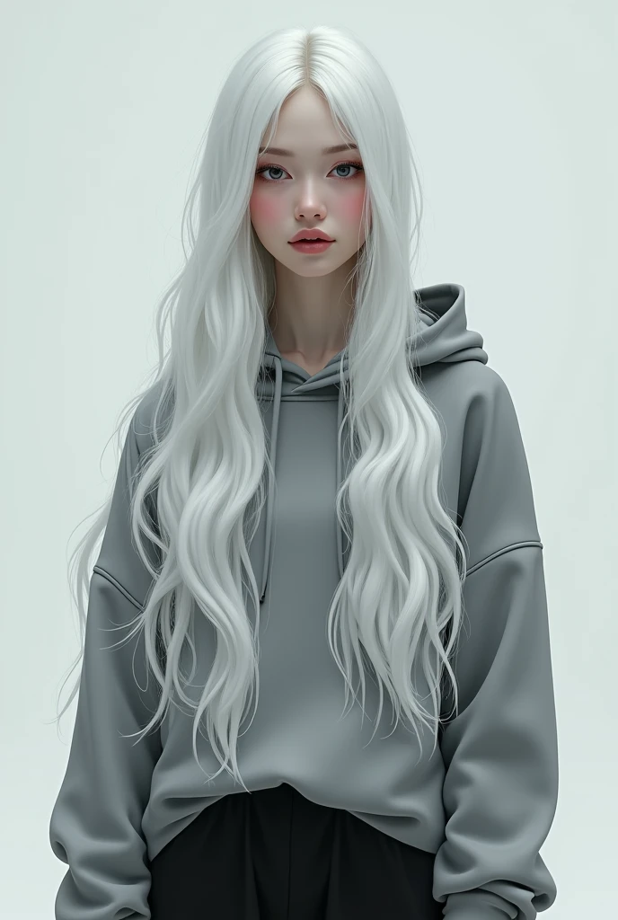 With long white hair that reaches the ground、Eyes with black crystals、Super Beauty、Cool look、Grey hoodie and black trousers、No makeup
