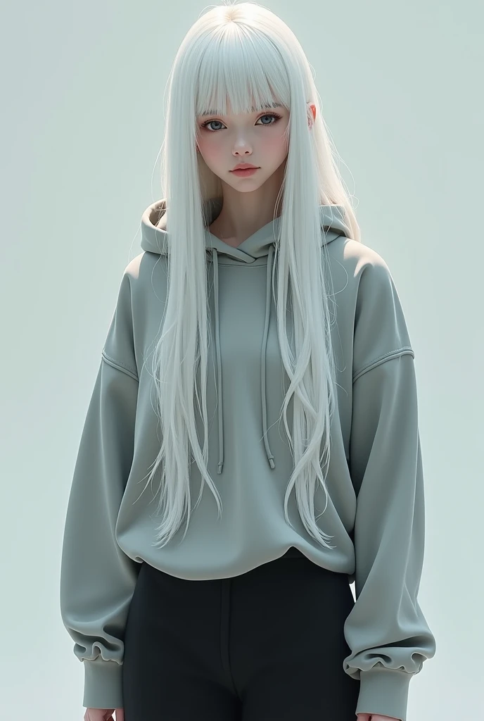 With long white hair that reaches the ground、Eyes with black crystals、Super Beauty、Cool look、Grey hoodie and black trousers、No makeup