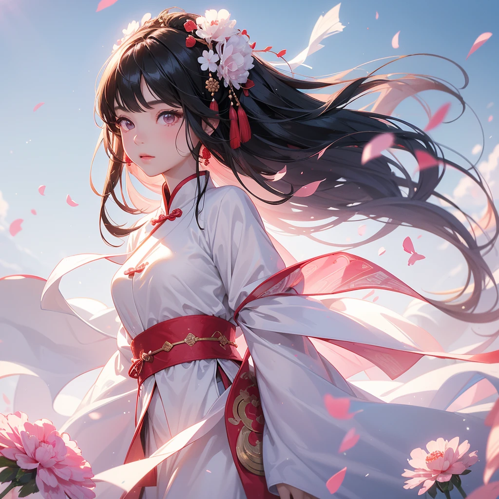 A beautiful girl with black long hair, wear white ancient chinese clothes, Standing in the middle of pink carnations, There are some floating clouds, with the sun shining on her face, close up.