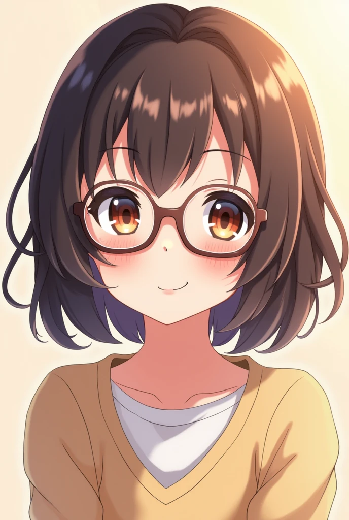 Anime girl with medium-length hair with some curls at the ends. Her bangs are slightly wavy, and she wears glasses and also she is smiling