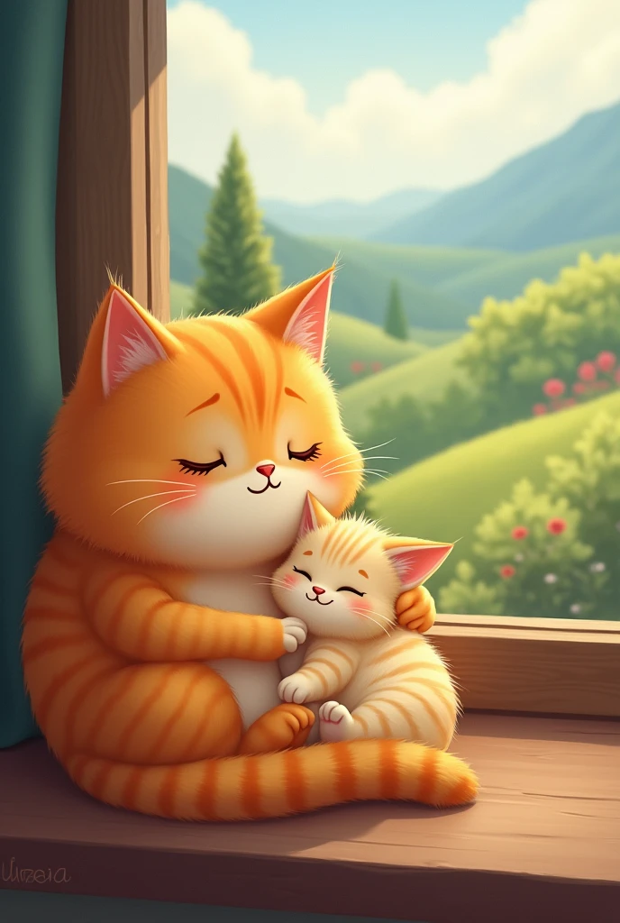 Close-up of the chubby orange cat, visibly happy, with a gentle smile. The kitten is nestled close to the cat, both of them enjoying the ride. The window view shows a pleasant landscape passing by.