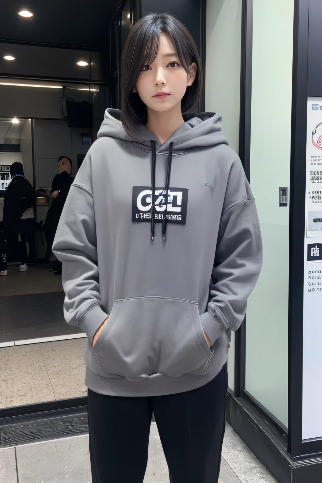 地面まinつく長くて白い髪に、Black crystal-like eyes(Super Beauty)in、Cool look、(No makeup)in、He is wearing a grey hoodie and black pants.