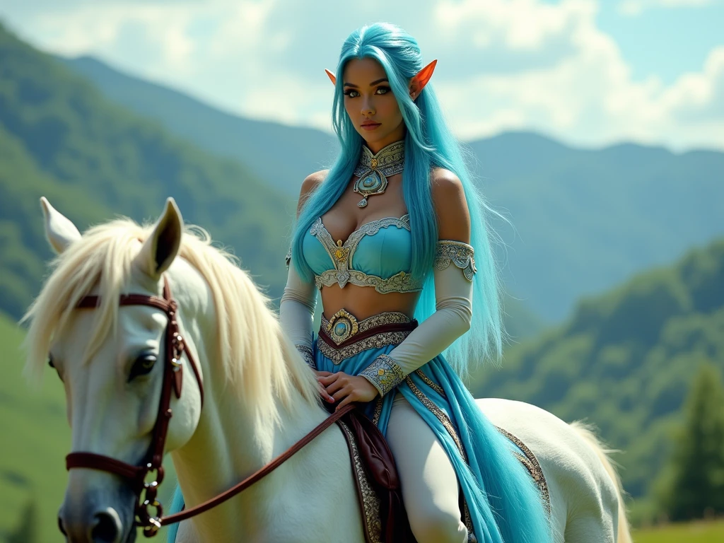 beautiful biracial latina woman, long light blue hair, light blue eyes,large breasts, wear zelda cosplay on a royal white horse, in a valley, look and hold the triforce  with her hands in front of her, extremely detailed full body ,Résolution Haute, 
