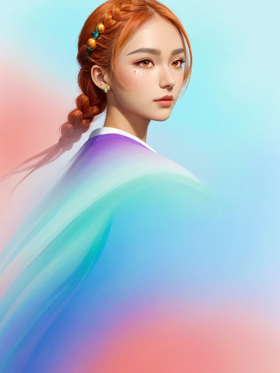 Character Design Sheet of minimalism style portrait,(red lunar dragon adorned Man + Asia ,skin color white brown), Circular Face, Downturned Eyes, [eye color blue], Nose with an Alluring Hook Shape, thin lips, prominent cheeks, square chin, Peach Blonde, twist braid,  underwater , ((ultra realistic, extremely fine details, natural skin texture)), extremely detailed eyes lips nose , alluring captivating piercing eyes, ombre gradient background dragonfly silhouette refract_deflect_diffract ball, silhouette landscape, vibrant colors, hight quality, elements of Sinosphere culture, (masterpiece,best quality,niji style), dreamy watercolor ink splashes, expressionism, Contemporary,UnSea, character reference sheet, character turn around, 