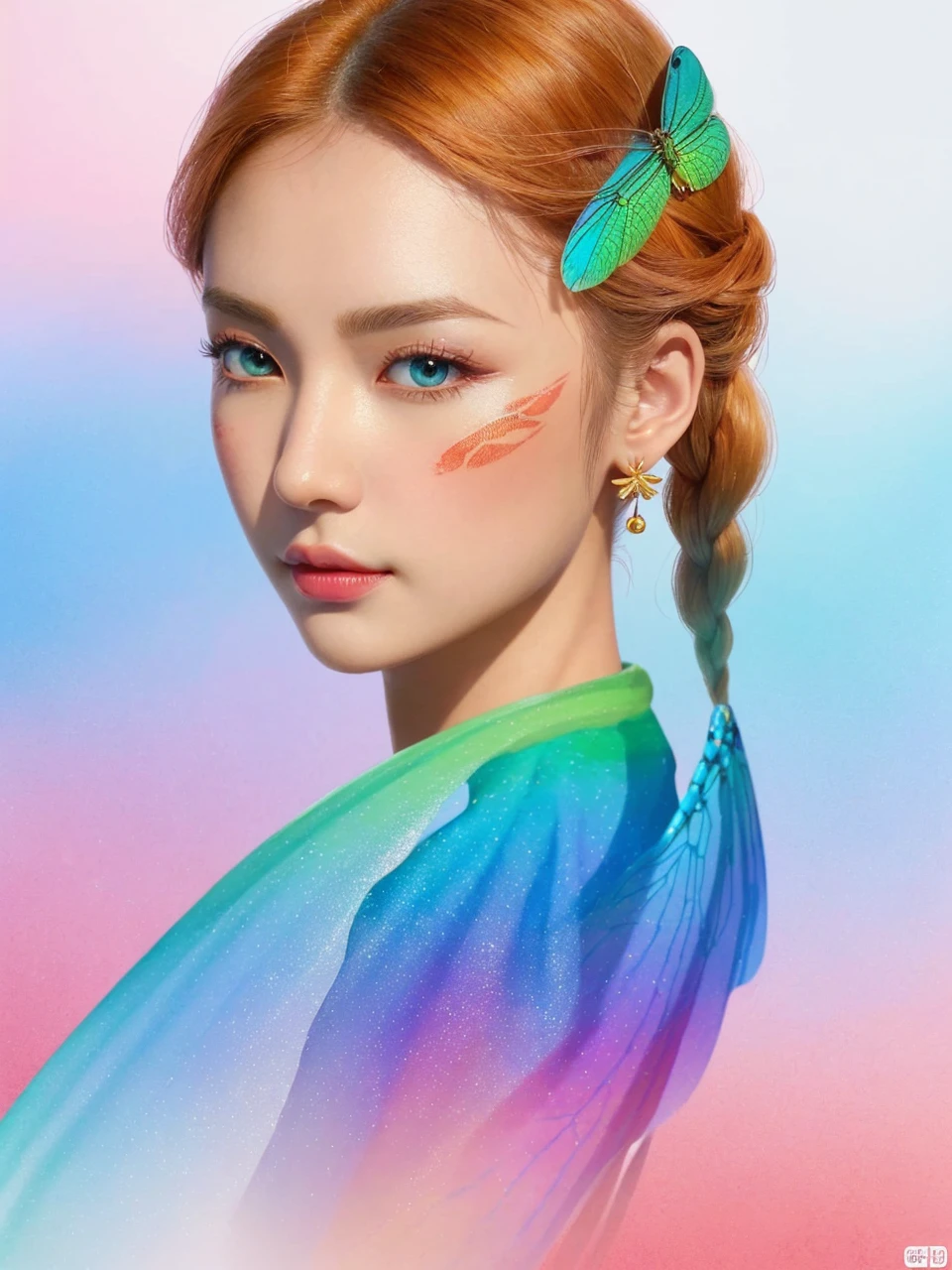 Character Design Sheet of minimalism style portrait,(red lunar dragon adorned Man + Asia ,skin color white brown), Circular Face, Downturned Eyes, [eye color blue], Nose with an Alluring Hook Shape, thin lips, prominent cheeks, square chin, Peach Blonde, twist braid,  underwater , ((ultra realistic, extremely fine details, natural skin texture)), extremely detailed eyes lips nose , alluring captivating piercing eyes, ombre gradient background dragonfly silhouette refract_deflect_diffract ball, silhouette landscape, vibrant colors, hight quality, elements of Sinosphere culture, (masterpiece,best quality,niji style), dreamy watercolor ink splashes, expressionism, Contemporary,UnSea, character reference sheet, character turn around, 