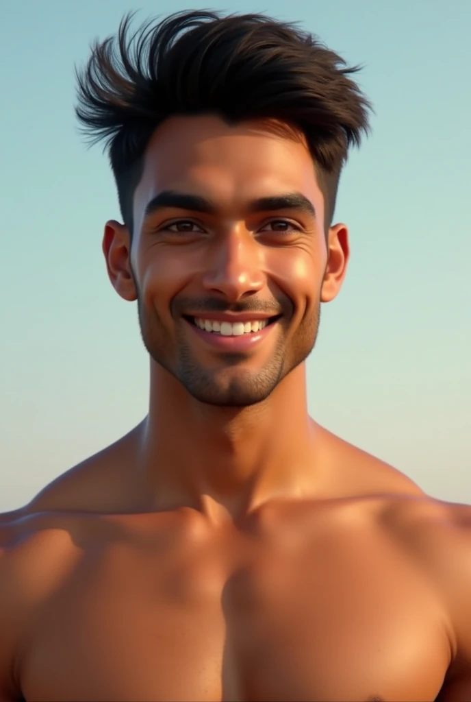 A Indian boy with symmetrical face, bright eyes, good posture, chiseled jawline, straight nose, full lips, good hair, confident smile, fit physique, Authentic style, kind expression, bright skin.