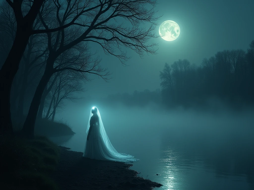 A moonless night by the same river, now completely dark, save for the faint glow of the ghostly bride wandering the banks. Her form is barely visible through the thick fog, but her glowing eyes pierce through the darkness. The river is calm but unnaturally still, and the trees around her seem to bow in fear. The atmosphere is heavy with the supernatural, as if the very night itself is alive with her presence.