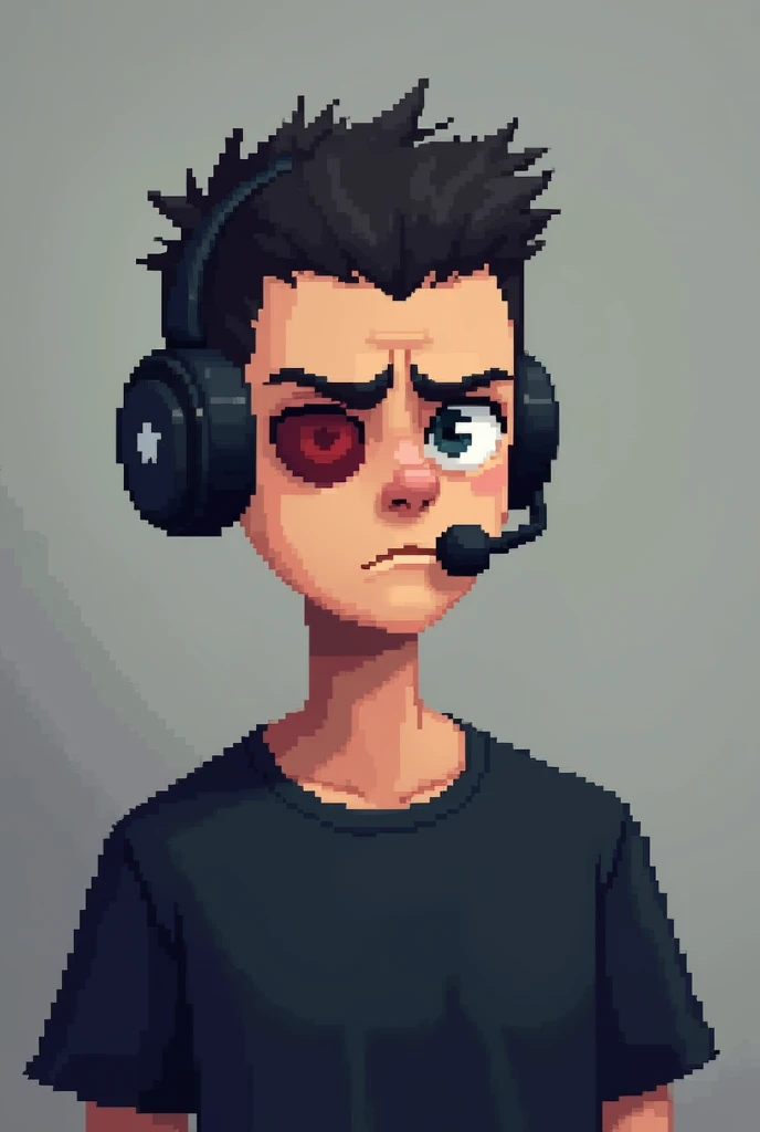 Create a boy in pixel art. This man has short black hair, Shaving cut.. This guy is wearing a black T-shirt、The image has a grey background.. he'Frowning, Have a black eye. This guy is wearing a headset