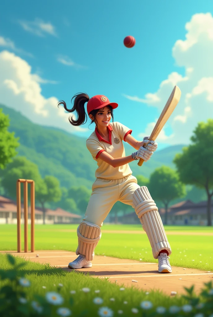 Make an image named Bhabani Playing cricket in a Greenery ground