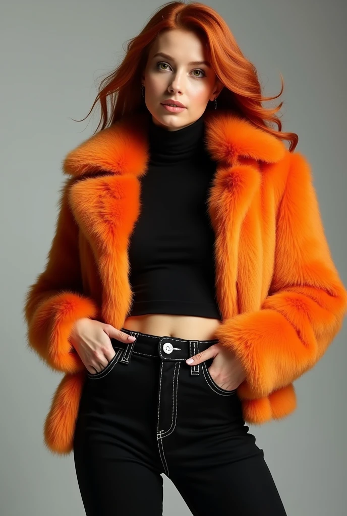 Fashionista, posing for Instagram. She is wearing a fluffy orange faux fur jacket with a high collar and noticeable fur trim. The jacket is worn over a tight-fitting black turtleneck. The black pants have a high waist, shiny trim, button closure, visible seams and pockets. She has voluminous red hair. The lighting is soft and even, emphasizing the facial features, outfit and texture of the clothing. The overall mood of the photo is stylish, modern and fashionable.
