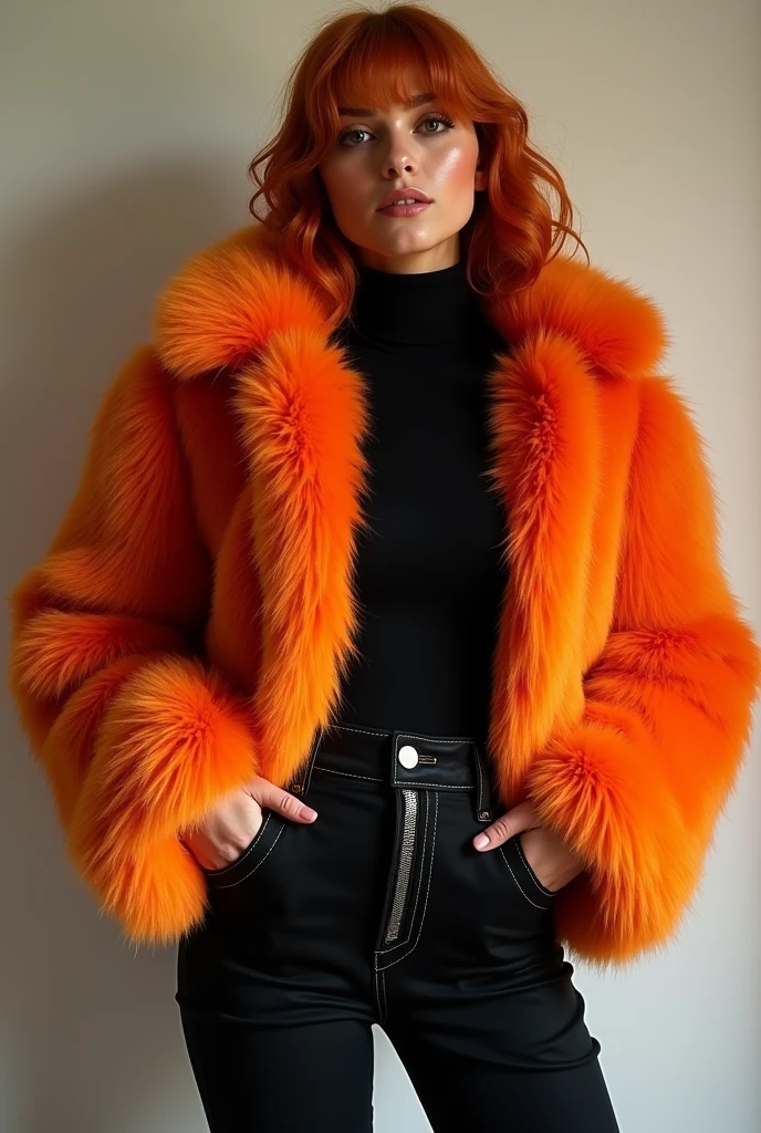 Fashionista, posing for Instagram. She is wearing a fluffy orange faux fur jacket with a high collar and noticeable fur trim. The jacket is worn over a tight-fitting black turtleneck. The black pants have a high waist, shiny trim, button closure, visible seams and pockets. She has voluminous red hair. The lighting is soft and even, emphasizing the facial features, outfit and texture of the clothing. The overall mood of the photo is stylish, modern and fashionable.