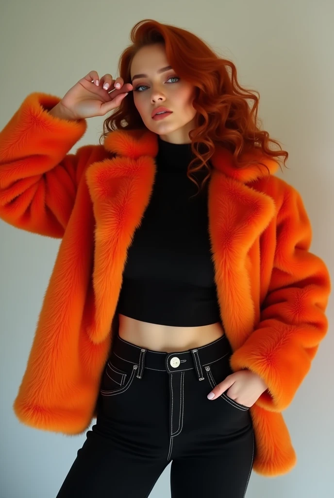 Fashionista, posing for Instagram. She is wearing a fluffy orange faux fur jacket with a high collar and noticeable fur trim. The jacket is worn over a tight-fitting black turtleneck. The black pants have a high waist, shiny trim, button closure, visible seams and pockets. She has voluminous red hair. The lighting is soft and even, emphasizing the facial features, outfit and texture of the clothing. The overall mood of the photo is stylish, modern and fashionable.
