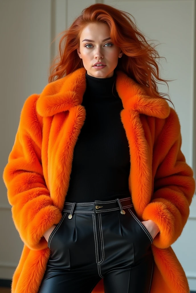 Fashionista, posing for Instagram. She is wearing a fluffy orange faux fur jacket with a high collar and noticeable fur trim. The jacket is worn over a tight-fitting black turtleneck. The black pants have a high waist, shiny trim, button closure, visible seams and pockets. She has voluminous red hair. The lighting is soft and even, emphasizing the facial features, outfit and texture of the clothing. The overall mood of the photo is stylish, modern and fashionable.
