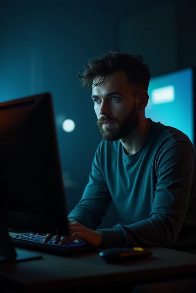 Man sitting in a youtube studio all alone  , creating a youtube video Looking forward to the camera as he speaks dark studio.