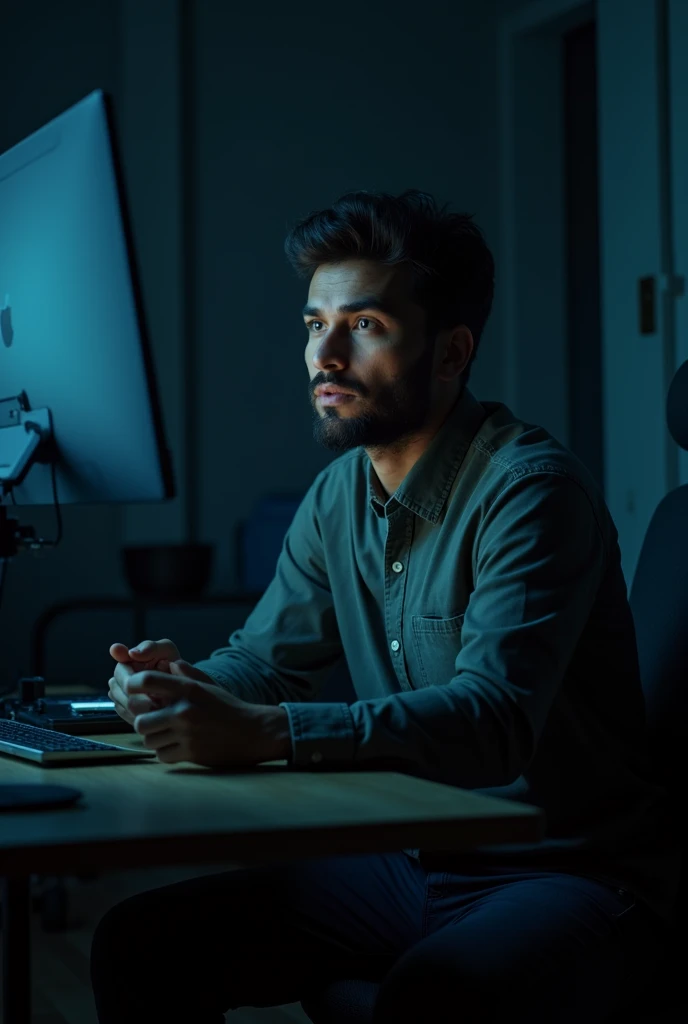 Man sitting in a youtube studio all alone , creating a youtube video Looking forward to the camera as he speaks dark studio.