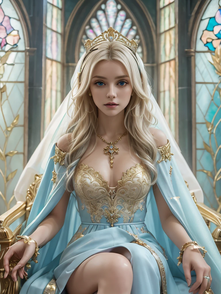 masterpiece,best quality,4k,(Front view close-up:1.3), beautiful vampire Queen sitting upon (grand and wide Gothic throne) with crossed legs, (veiled robe with golden embellishments), (high boots), (arched stained glass windows behind the throne), marble columns, flowing white hair, sparkling blue eyes, (soft pastel style:1.5), masterpiece in maximum 16K resolution, superb quality, ultra detailed