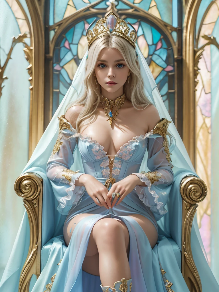 masterpiece,best quality,4k,(Front view close-up:1.3), beautiful vampire Queen sitting upon (grand and wide Gothic throne) with crossed legs, (veiled robe with golden embellishments), (high boots), (arched stained glass windows behind the throne), marble columns, flowing white hair, sparkling blue eyes, (soft pastel style:1.5), masterpiece in maximum 16K resolution, superb quality, ultra detailed