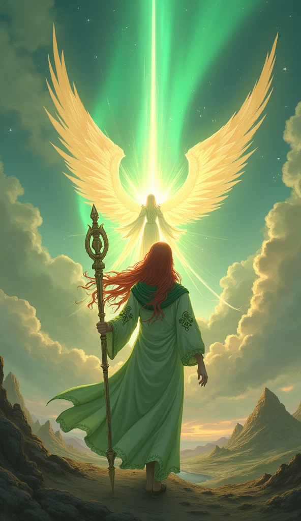 In a vast, mystical landscape where the sky shimmers with the colors of the evening aurora, the graceful summoner Seraphina stands with unwavering resolve. Her long, flowing red hair cascades from beneath a green hood, and her piercing green eyes gleam with determination. Her elegant robe, crafted from pale green cloth adorned with magical symbols on the sleeves, flutters gently in the breeze. In her hand, a staff faintly glows with mystical energy. As Seraphina raises her staff, a brilliant light envelops the area, and with a commanding gesture, she summons forth the celestial being Madeen.
This angelic figure, with mighty wings that stretch towards the heavens, radiates a powerful aura that fills the vertical space. Madeen’s divine presence exudes tranquility and power as it prepares to unleash the devastating Holy Flare. A surge of pure, radiant energy rises from below, engulfing the landscape in a blinding flash. The divine light stretches skyward, incinerating all enemies with its holy power, leaving only peace and serenity in its wake.