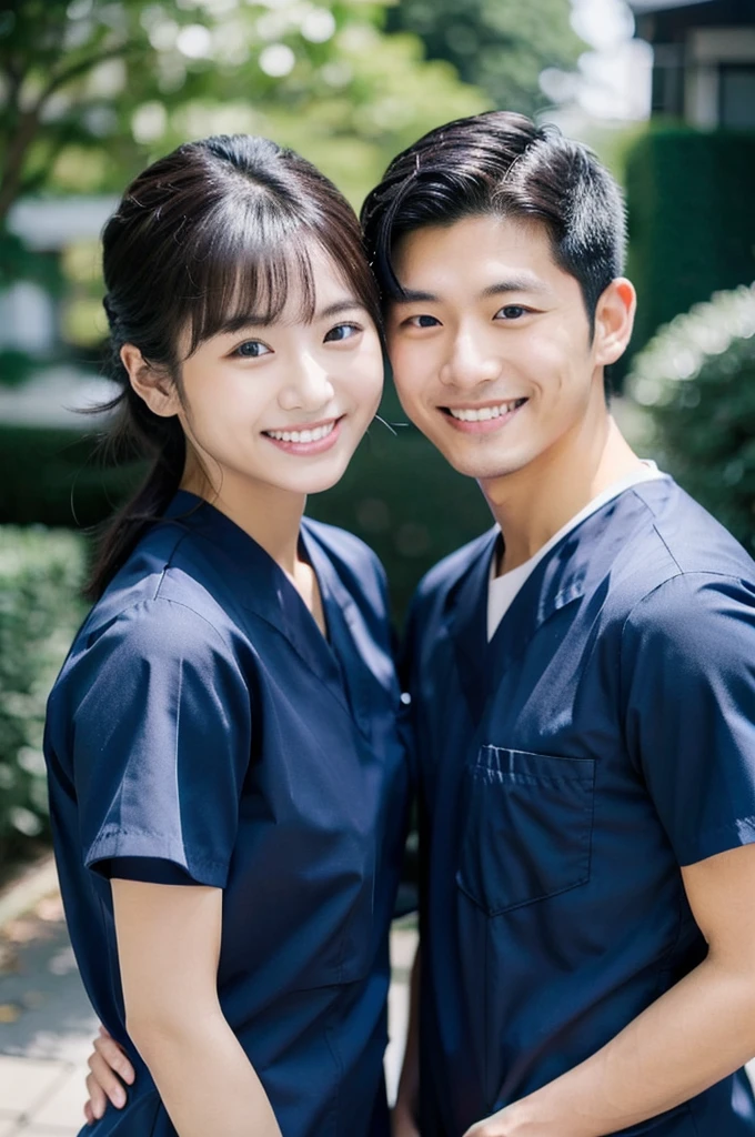 Dental hygienist, two men, smiling, wearing dark blue solid color nurse uniform, short sleeves, Japanese, black hair, men in their early 20s　Upper body close-up　Shooting outside　Harmony々　Navy Blue