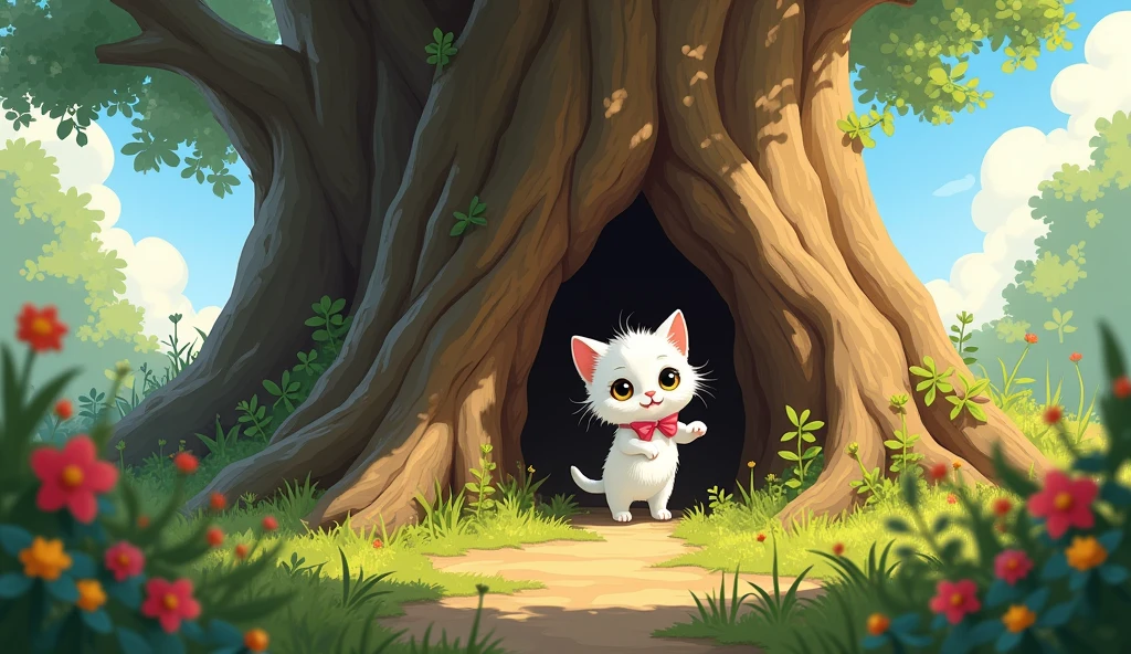 Whiskers, the curious white kitten with a pink bow, is exploring the garden on a sunny afternoon. As he wanders through the flowers, he notices a small, hidden door at the base of an old oak tree—something he has never seen before. Excited and intrigued, Whiskers pushes the door open with his tiny paw and steps into a new, mysterious world. The scene is filled with anticipation as Whiskers' curiosity leads him to the beginning of a grand adventure.