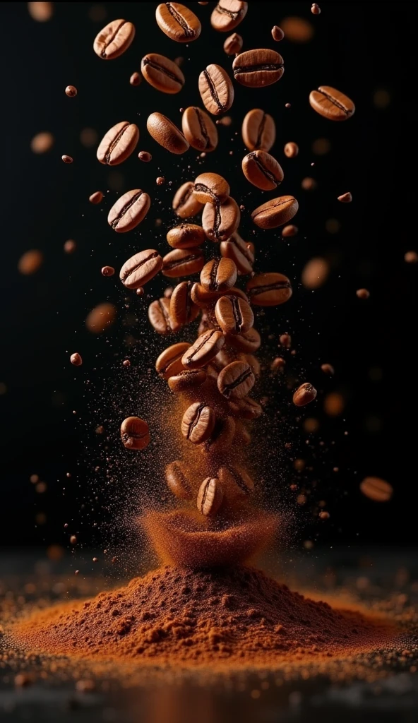 Generate an image，Many coffee beans collide with each other in the air on a black background，When they collide, they become ground coffee, Eliminated the bean layer on the ground，Make it look more natural 