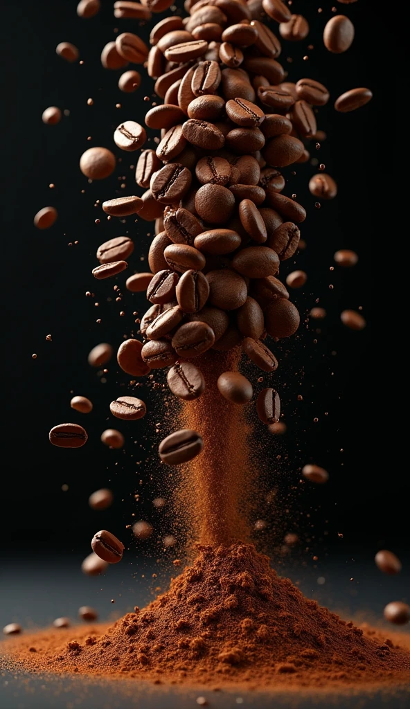 Generate an image,Many coffee beans collide with each other in the air on a black background,When they collide, they become ground coffee, Eliminated the bean layer on the ground,Make it look more natural
