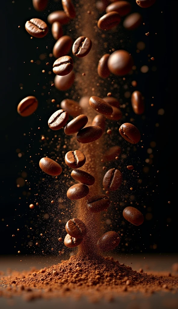 Generate an image，Many coffee beans collide with each other in the air on a black background，When they collide, they become ground coffee, Eliminated the bean layer on the ground，Make it look more natural 