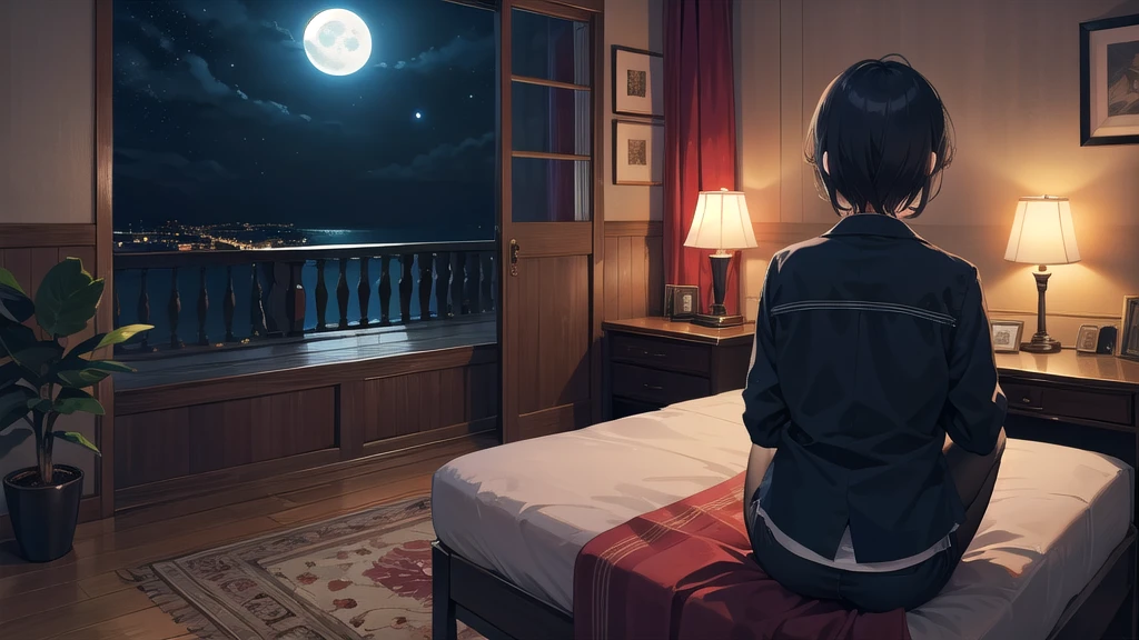 Back view of a person sitting alone in a room at night。In a dimly lit room、The moonlight outside is shining in