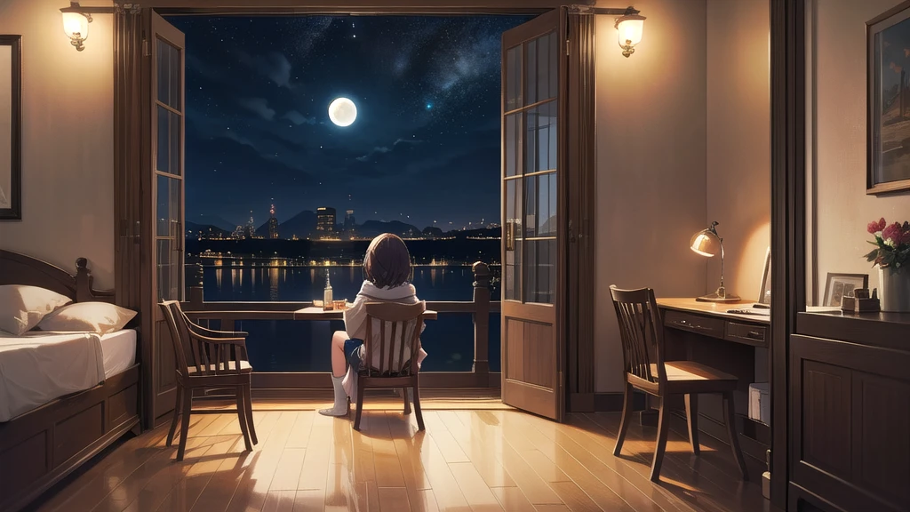 Back view of a person sitting alone in a room at night。In a dimly lit room、The moonlight outside is shining in