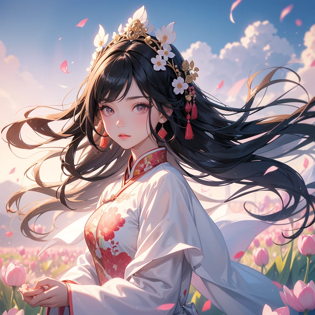 A beautiful girl with black long hair, wear white ancient chinese clothes, Standing in the middle of pink tulip field , There are some floating clouds, with the sun shining on her face, close up.