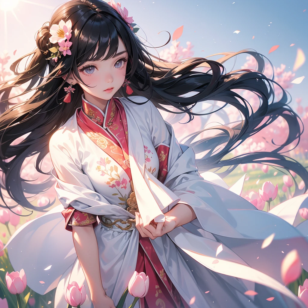A beautiful girl with black long hair, wear white ancient chinese clothes, Standing in the middle of pink tulip field , There are some floating clouds, with the sun shining on her face, close up.
