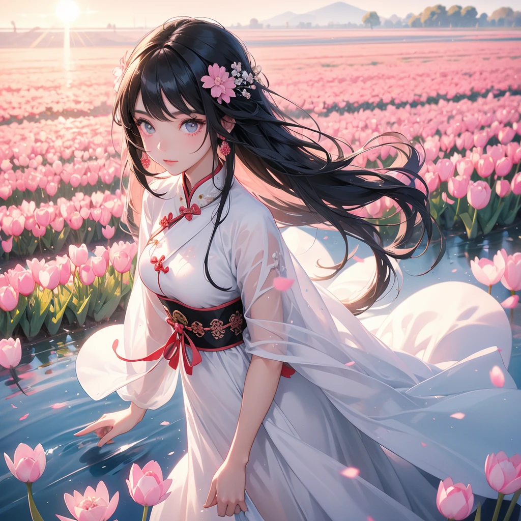 A beautiful girl with black long hair, wear white ancient chinese clothes, Standing in the middle of pink tulip field , There are some floating clouds, with the sun shining on her face, close up.