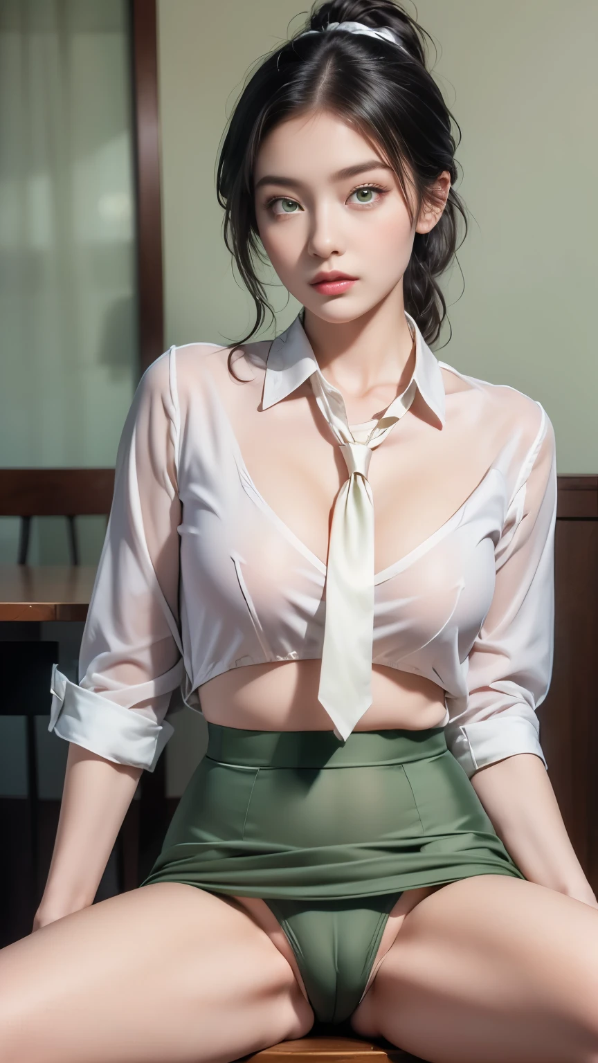 Transparent ultra-thin panties,best quality、16K High Resolution、Very detailed、masterpiece、Live shooting、Practical:1.4、Surrealism:1.4、Clear focus、Very delicate and beautiful、nitty gritty、1 female、(European:1.2)、(Blonde)、(Spread your legs:1.3)、(no panties:1.3)、(National Foundation:1.1)、 (Sitting at the table)、(Super beautiful)、(Pretty Face:1.5)、(Ponytail, stocking)、(Delicate face)、(beautiful eyes)、Perfect round eyes、(Delicate lips)、Lipstick、(Eyeliner)、mascara、Eyeshadow、(Military Green Pencil Skirt,)、White shirt、Green set, tie、In NSFW