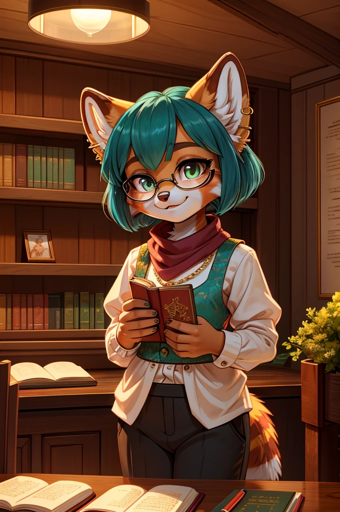 Youthful, tall, slim, frail slender figure, distinctly feminine figure, narrow hips, long legs, close-up shot. Species: Red panda.
Hair: Vibrant teal-blue, styled in a messy pixie cut with long side-swept bangs. Texture is silky and slightly wavy.
Eyes: Large, almond-shaped eyes with heterochromia - left eye is amber, right eye is deep violet.
Fur: Primarily russet orange with white underfur. Black mask-like markings around eyes, extending down to cheeks. White spots sprinkled across muzzle and forehead.
Clothes: Vintage-inspired outfit. High-collared white blouse with ruffled front and pearl buttons. Mustard yellow cropped vest with intricate floral embroidery. Burgundy high-waisted wide-leg trousers. Emerald green silk scarf tied loosely around neck.
Accessories: Round wire-rimmed glasses perched on nose. Multiple gold hoop earrings in each ear. Delicate gold chain necklace with a small pocket watch pendant. Carrying a leather-bound sketchbook and set of colored pencils.
Pose and Expression: Head tilted slightly, gazing directly at viewer with a curious, slightly mischievous smile. One eyebrow raised inquisitively.
Activity: Sketching in her book, colored pencil poised above the page.
Background: Cozy corner of a quaint café. Warm wood paneling, shelves lined with antique teacups and vintage books. Soft, warm lighting from a nearby table lamp.