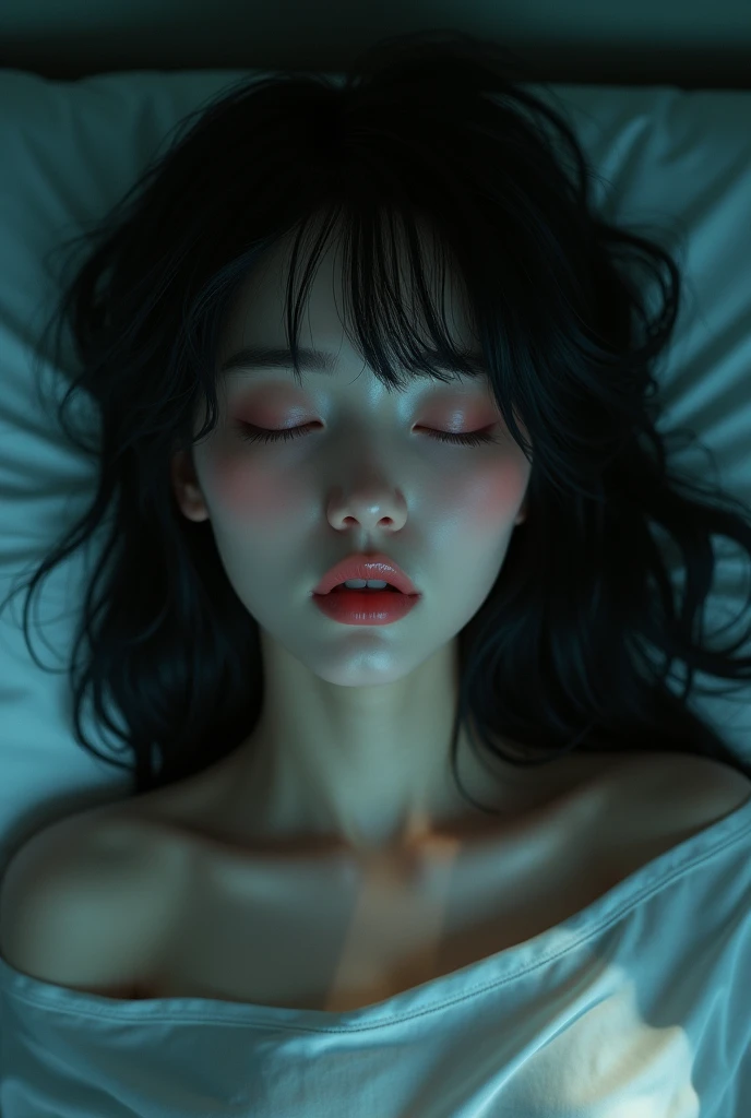 (shoulder-length straight short hair:0.9),(black hair:1.5),（Extremely meticulous CG 8k wallpaper），（Extremely refined and beautiful），（Masterpiece），（best qualtiy:1.0），（Ultra High Resolution:1.0），beautiful light up，Perfect lightning,realistic shaded，[A high resolution],(Smooth and flawless fair skin:1.5),(shiny skin:1.5),Extremely exquisite facial details，ultra - detailed，A  girl，small head,dawn,dim light,Close Shot,at home,in bedroom,lying flat on back in bed,blue green background,(Close eyes:1.5), sleeping, fainting,(Painful:1.3) ,(open mouth:1.3),(drooling:1.4)，Top down overhead camera perspective，small face,（perfect body:1.1）,small breasts，flat chest，slim,(white pajama shirt:1.5),(femal orgasmic:1.5),(blush:1.3),ahegao,cowboy shot,portrait