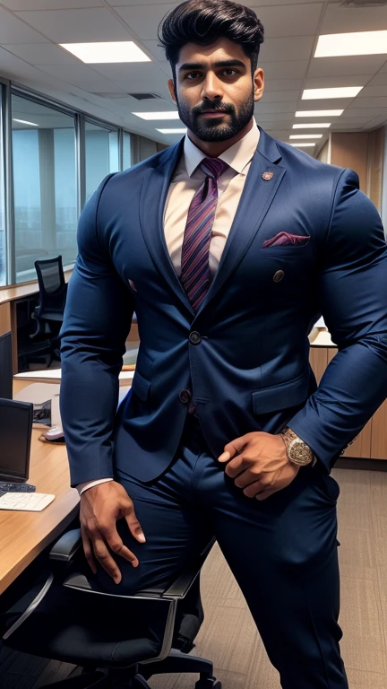 Indian gurjar ARJUN gay man in business suit, standing in office with spread legs, huge bulge