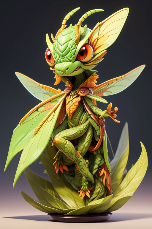 Create a picture of a little dragonfly monster., The image should be sharp and detailed, with beautiful colors. Exotic patterns. With arms, leg, eyes, mouth, พื้นหลังสีlegว