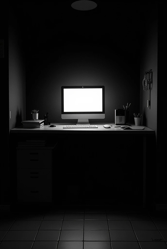 Un bureau avec plus ordinateur dans un endroit sombre vue de face en dessin de manga noir et blancs