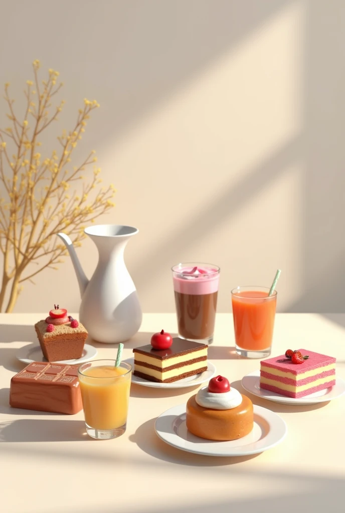 On the table,There are several pieces of various cakes on the plate,A pot of water,And a few breakfast drinks。Describing the situation from a distance,Emphasis on form、Interweaving and space。