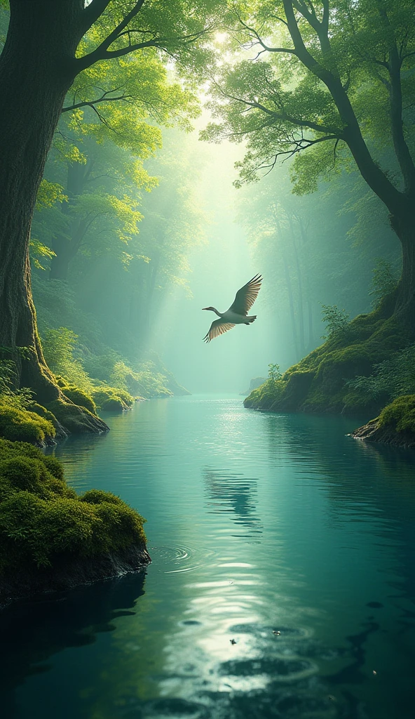 forest　lake　bird　The sunlight is faintly shining　Fantasy