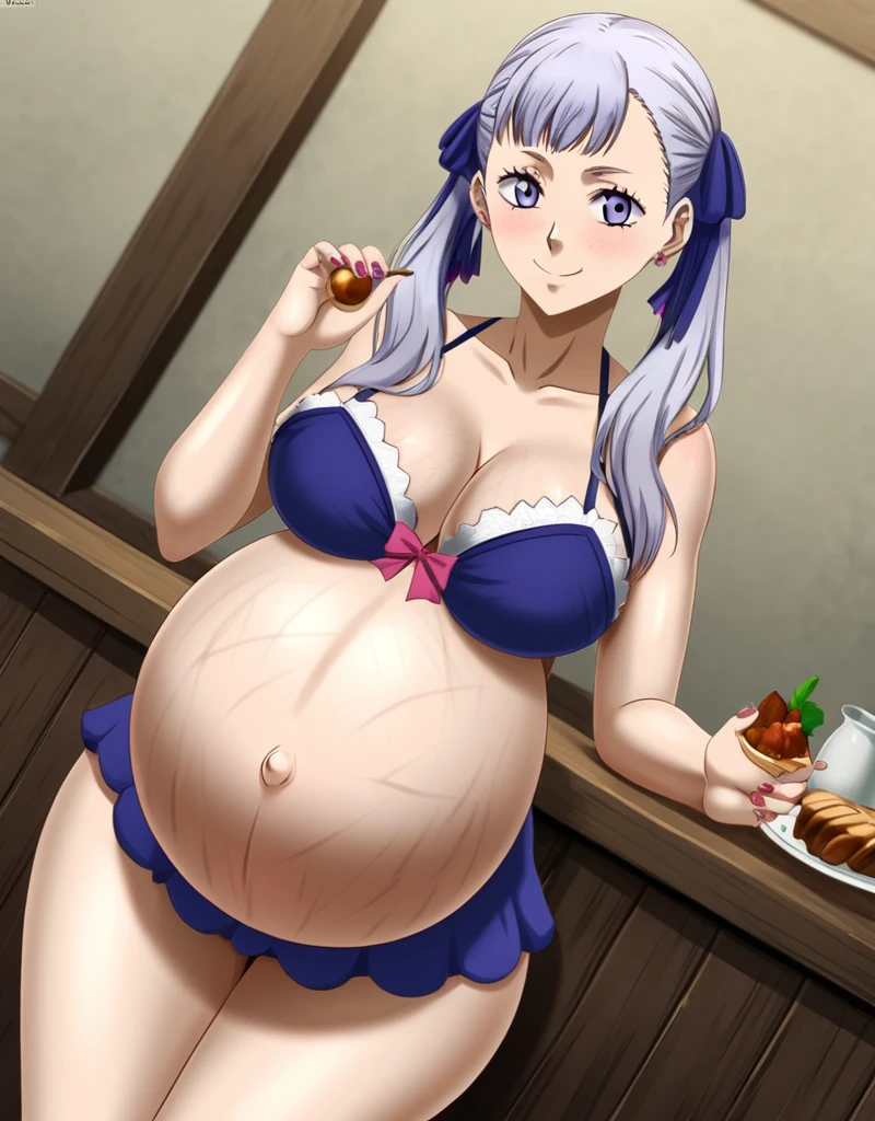 noelle_blackclover, Noelle Silva, Black Clover, long silver hair, waist-length hair, half-up half-down hairstyle, ribbon, side-parted bangs, almond-shaped blue eyes, high-quality, ultra-detailed, beast quality, 8K resolution,
looking at viewer, dutch angle, cowboy shot, smile, pregnant belly, large belly, big belly, big Breasts, Stretch marks, eating,
1girl,solo, indoors, happy, Smiling, rub belly,
full body, Nail polish, Earrings,