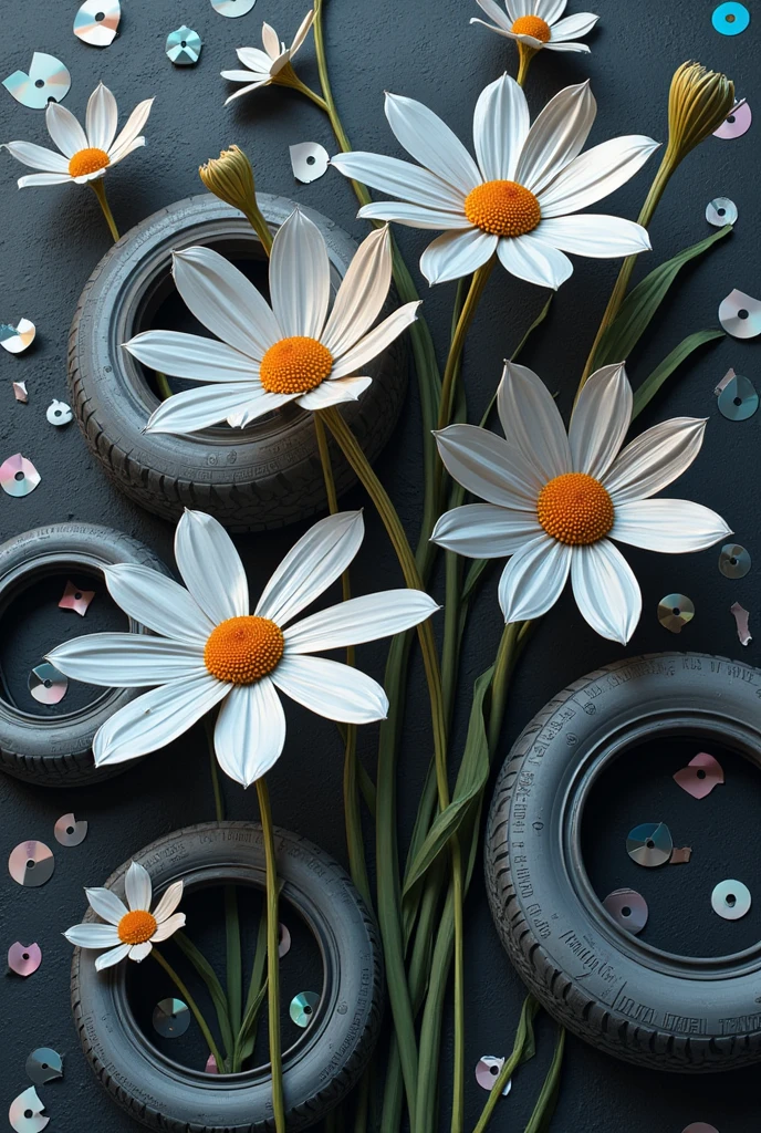 2D craft art from soda cans is Onin plant flowers, gray, long, slender petals, six petals, many flowers, background is car tires, contrasting with broken CDs.