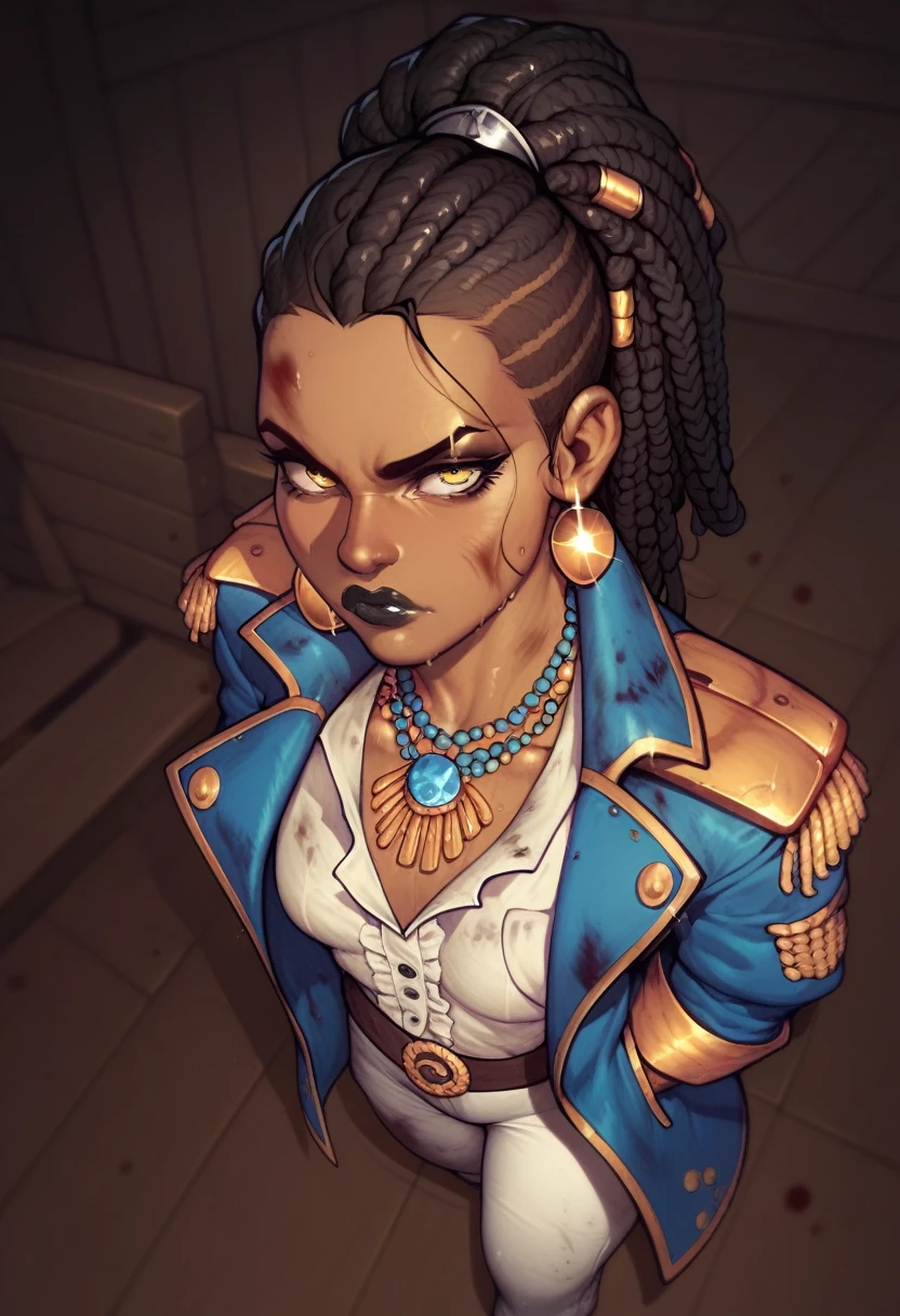 high angle pov. black pirate woman with long dreadlocks tied in a ponytail, black lipstick, yellow eyes clothes covered in blood, small breasts, dirty blue coat, white oversize pants, white shirt, serious face, belts all over her body, stormy weather, dark sky, on ship, golden earrings and necklaces, walking menacingly 