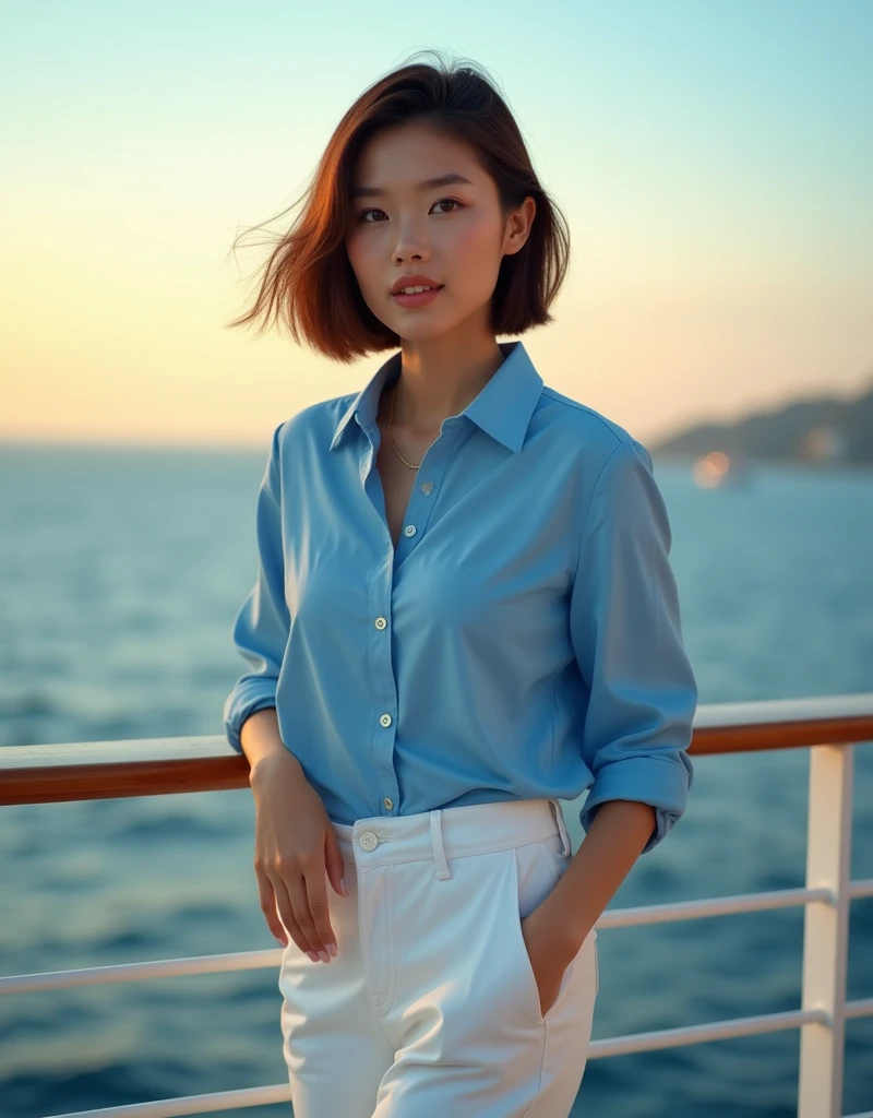 (((wide shot, full body, beautiful 35 year old desirable asian woman with distinguished features posing next to the railing on a cruise ship at sunrise))), ( stylish blue shirt, white pants, loafers), (light brown short hair, clean face, intriguing brown eyes), muscular build, medium height, seductive smile with a flirty smile, detailed depiction of facial features, perfectly symmetrical face, bright outdoor sunrise lighting masterfully accentuates her excellent features blue atmosphere
